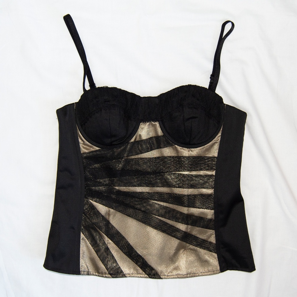 INC International Concepts Black and Gold Mesh Panel Bustier Tank Top
